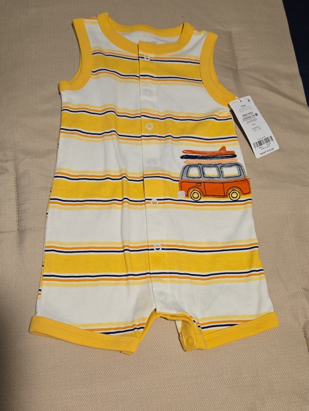 Carter's Yellow and White Striped Baby One Piece Romper 12 Month